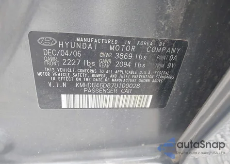 2007 Hyundai Elantra Gls/Limited/Se from USA, damaged, VIN KMHDU46D87U100028